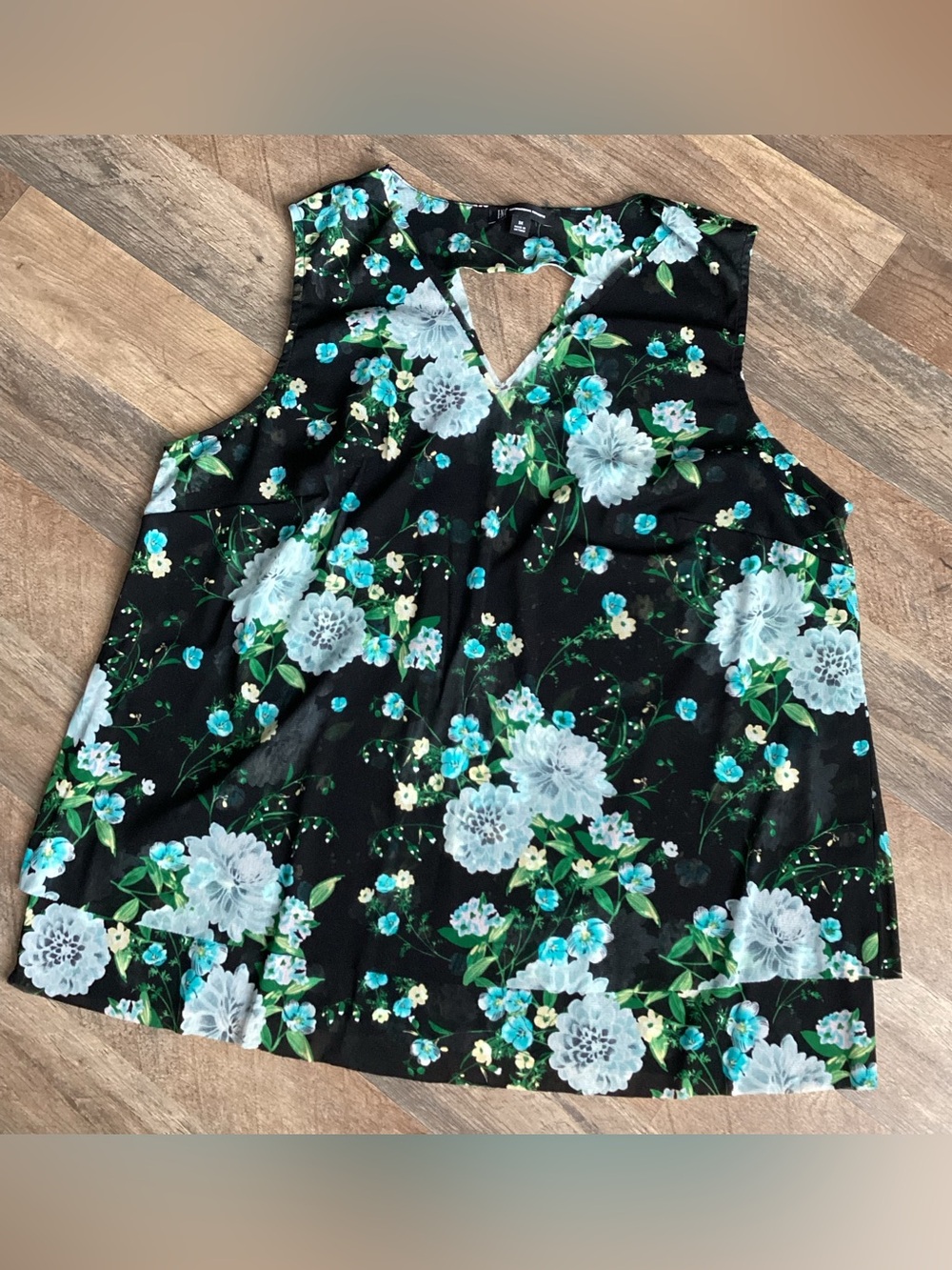 INC Black Floral V-Neck Top - Teal & White Bloom